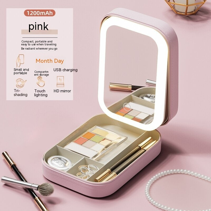 Makeup Storage Box With LED Light Mirror Portable Travel Makeup Box Touch Light